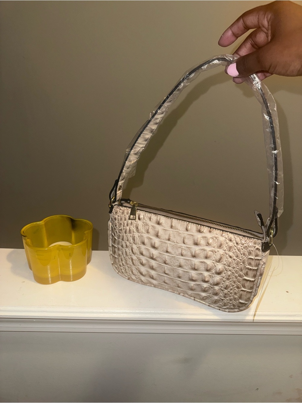 Cream Croc-Embossed Shoulder Bag